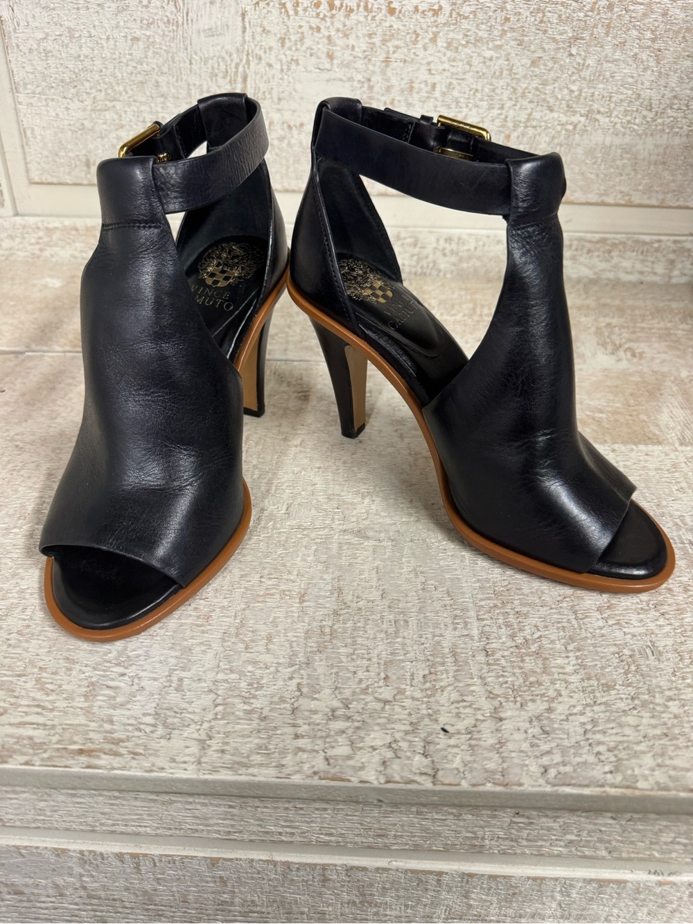 Vince Camuto Black Leather Peep-Toe Ankle Strap Heels